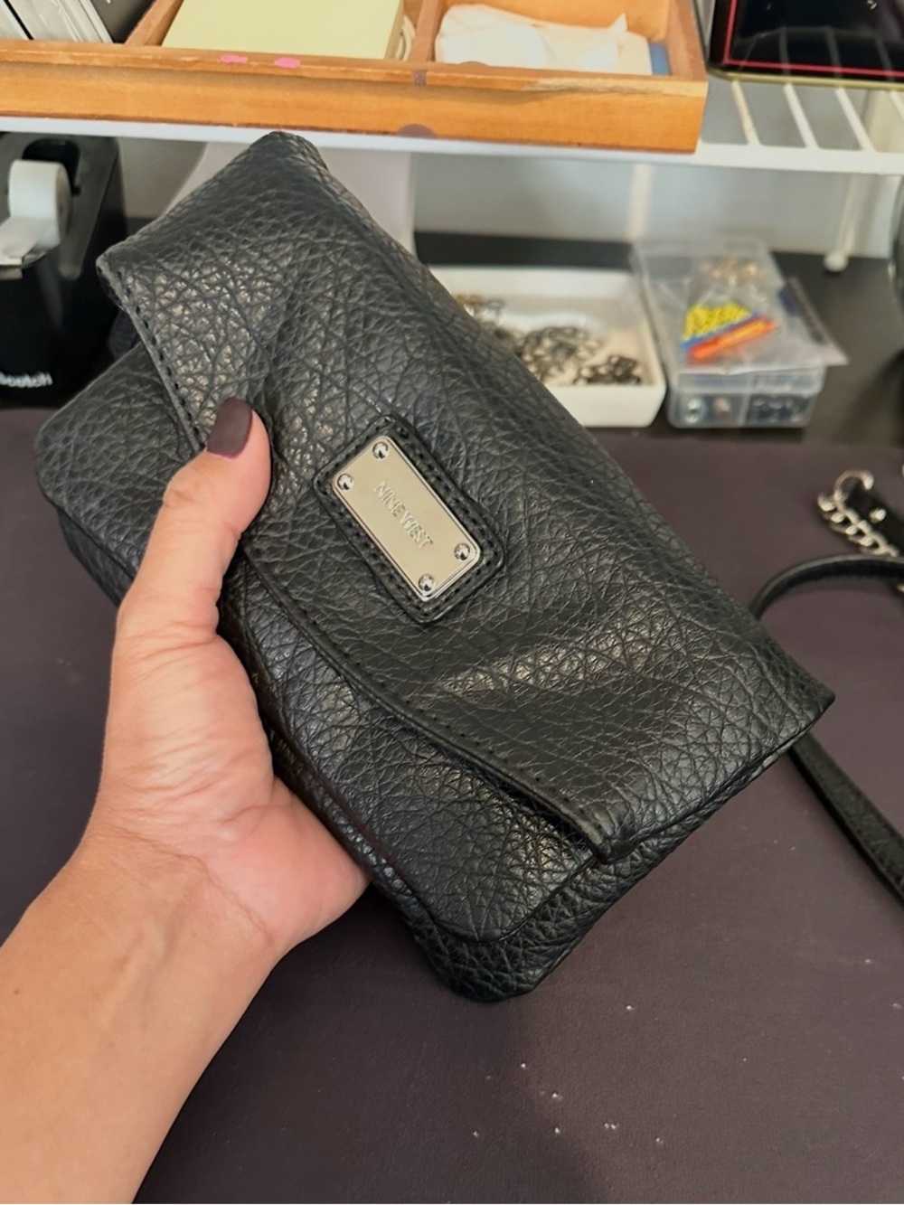 Nine West Black Pebbled Leather Wristlet crossbody bag w/ detachable strap